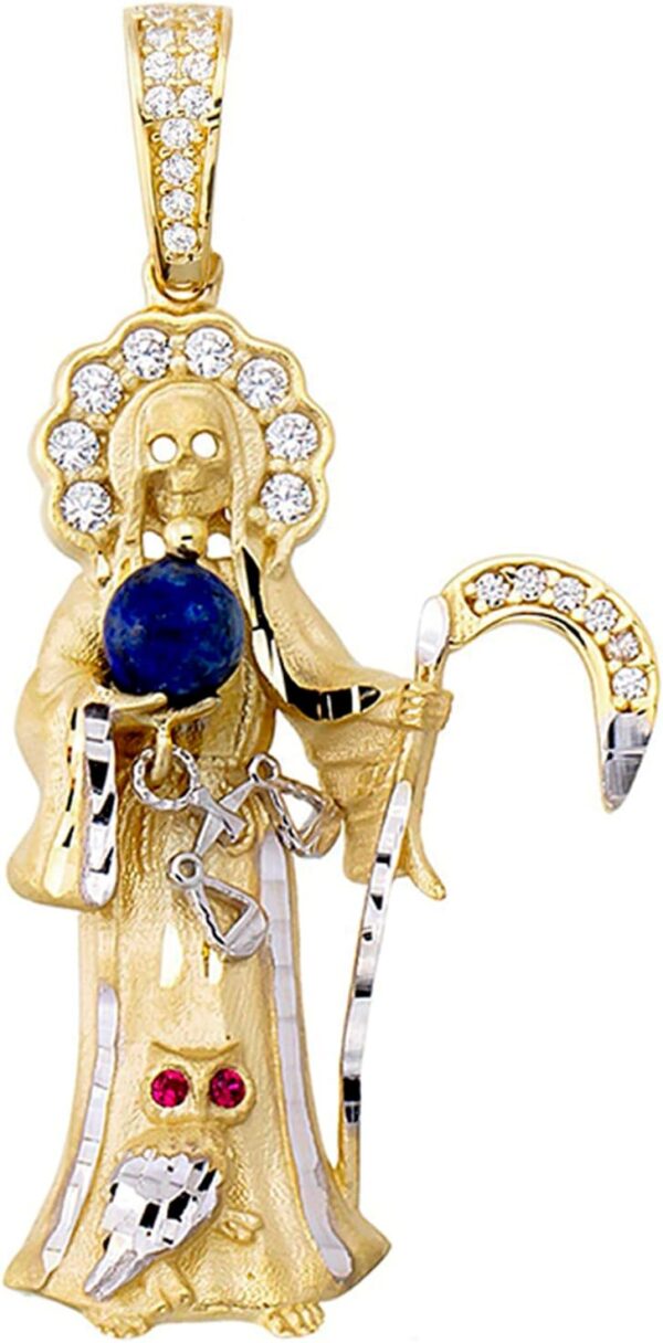 14k Yellow Gold Santa Muerte Holding Globe Pendant with Cubic Zirconia Stones