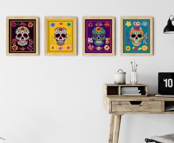 Sugar Skulls Day of the Dead Skeleton Wall Art Set of Four 8"x10" Goth Gothic Home Decor - Vintage Human Anatomy Poster - Funny Creepy Scary Prints - Image 8