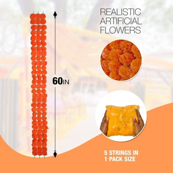Artificial Marigold Garland for Decoration 5 feet Marigold Strands for Diwali Decoration Day of Dead Decorations Dia de Los Muertos Christmas Garlands - Image 5
