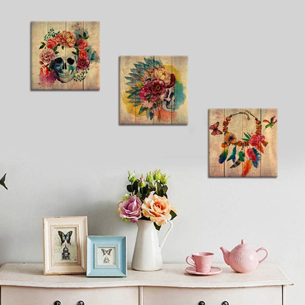 Visual Art Decor Skull Canvas Wall Art Sugar Skull Painting Wall Decor Framed Artwork Halloween Decor, 12x12inchx3Pieces - Image 4
