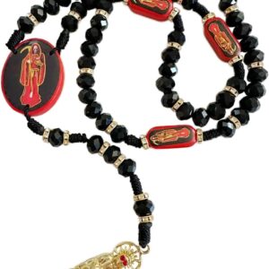 BONITTER Black Holy Death's Necklace Wooden Santa Muerte Necklace Red Rosaries Beads Blessing Crafted Rosario de la santa muerte Prayer Gift For Women Men