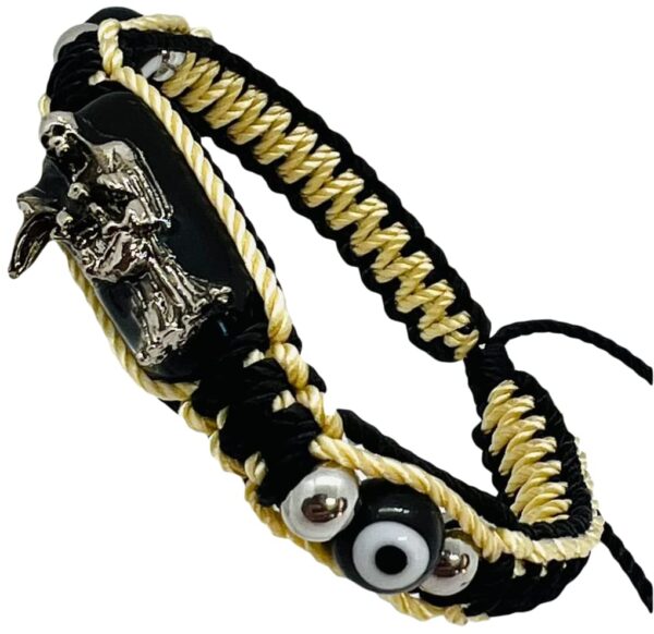 Pulsera de Santa Muerte metal Plateada e imagen Santa Muerte 7 potencias doble tejida Bk/Gl