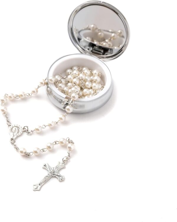 Rosary Beads Catholic - Confirmation Gifts for Teenage Girl, Silver Simple Style Metal Gift Box, White Artificial Pearls Rosary, Gifts for Women - Image 2