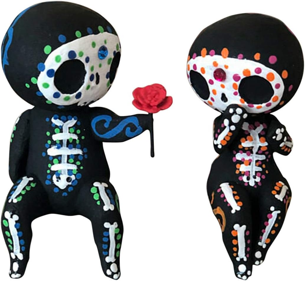 Valentine's Day Decor Sugar Skull Couple Figurine Statue Couples Cute Skeleton Mexican Halloween Day of The Dead Figurines(Lovers)