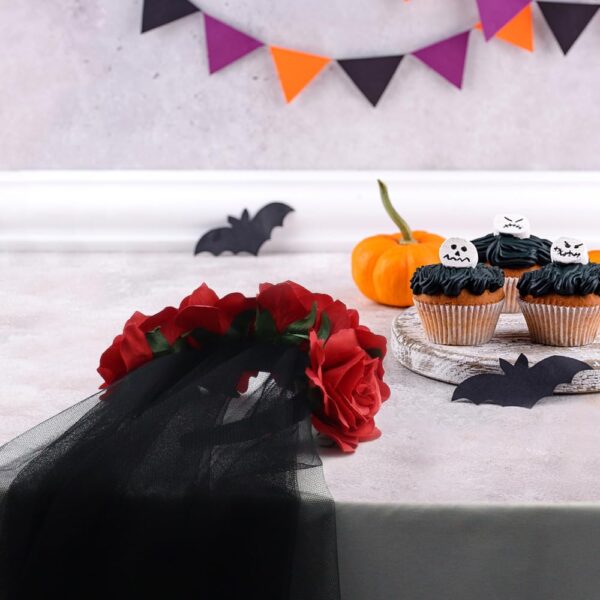 NODG Day of the Dead Headband, Retro mesh carnival head button, Halloween day rose flower party hair accessories headband black female - Image 3