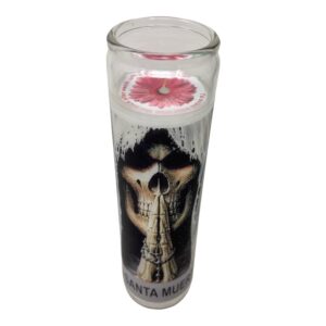 Santa Muerte 14 oz vaso grande una pieza prayer candle one piece 14 oz tall glass oración al reverso en español Blanca sin aroma