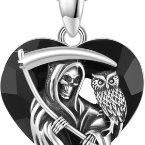 Santa Muerte Necklace for Men Sterling Silver Owl Skull Grim Reaper Pendant Heart Crystal Oxidation Skull Holy Death Scythe Aumelt Charm Necklace Jewelry Gifts for Father's Day Halloween Christmas