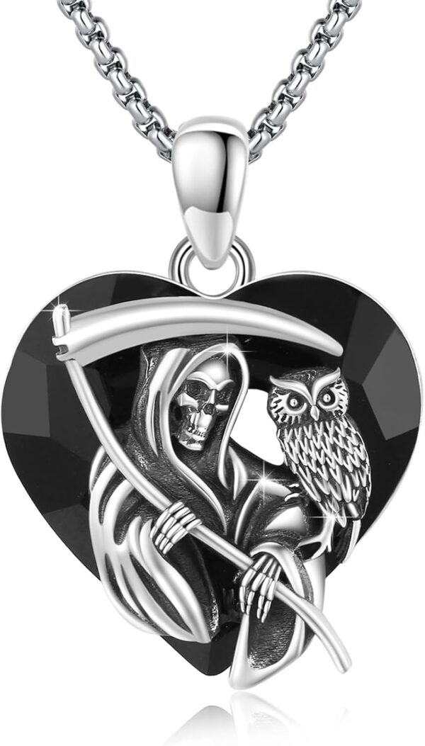 Santa Muerte Necklace for Men Sterling Silver Owl Skull Grim Reaper Pendant Heart Crystal Oxidation Skull Holy Death Scythe Aumelt Charm Necklace Jewelry Gifts for Father's Day Halloween Christmas