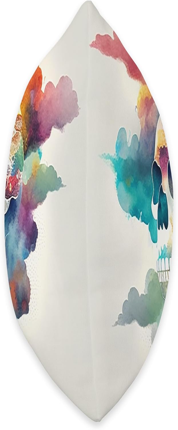 Watercolor Skull in Rainbow Clouds Dia De Los Muertos Art Throw Pillow, 18x18, Multicolor - Image 2