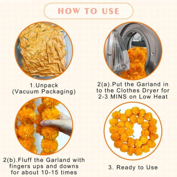 Artificial Marigold Garland, Golden Yellow 5 Feet Long Faux Flowers for Dia De Los Muertos Decorations, Pooja, Diwali, Indian Decor (4 Pieces,Orange) - Image 4
