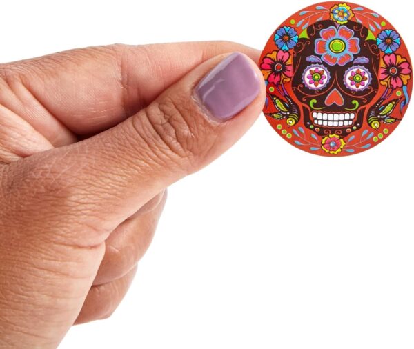 Juvale 1000 Pcs Dia de Los Muertos Skull Sticker Roll, 8 Vibrant Calavera Designs, 1.5 in, Dia de Muertos Stickers for Halloween Candy Bags, Party Favors, Decorations, Day of The Dead Decor - Image 6