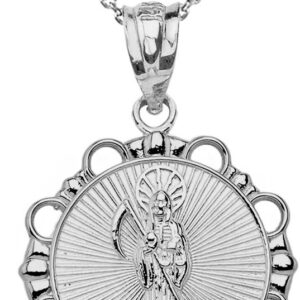 Sterling Silver Santa Muerte (Grim Reaper) Round Charm Pendant Necklace