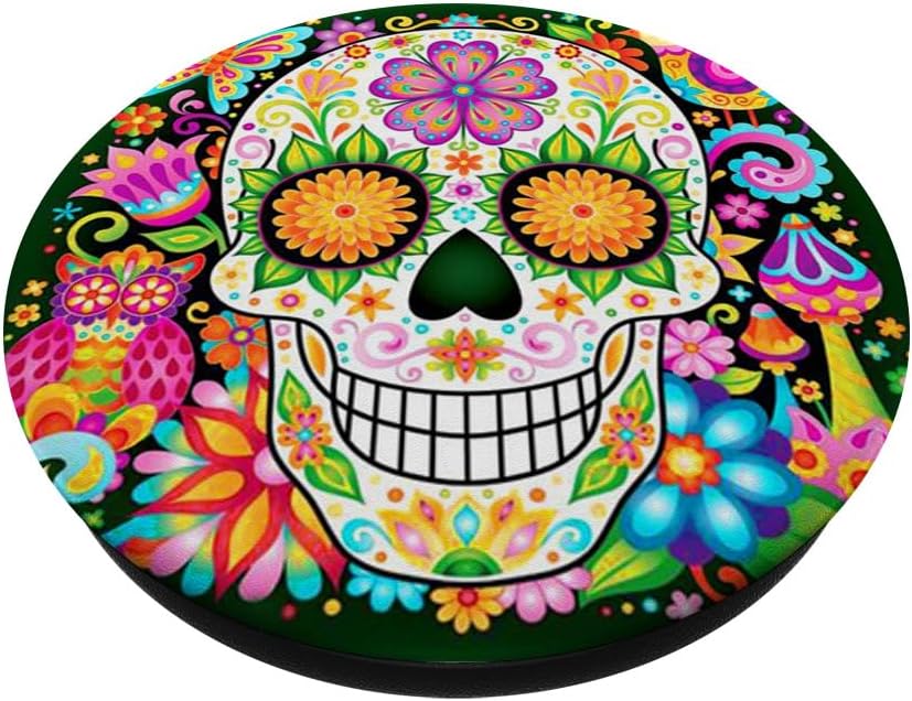 Cool Sugar Skull Mexican Design Colorful Flower Art on Black PopSockets PopGrip: Swappable Grip for Phones & Tablets PopSockets Adhesive PopGrip - Image 2