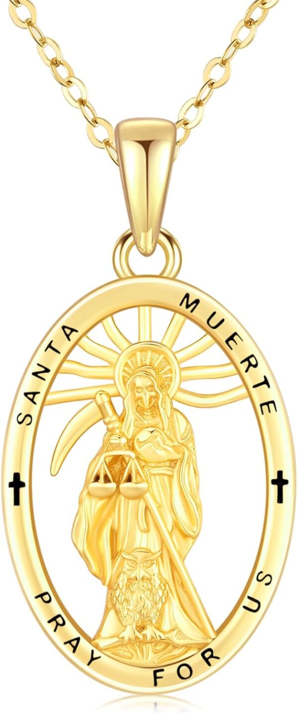 Santa Muerte Necklace 925 Sterling Silver Religious Amulet Skull Necklace Halloween Jewelry Gifts for Men Women