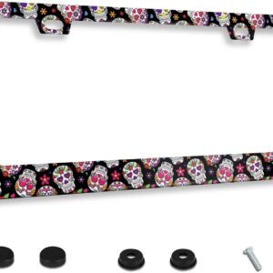 Personalized License Plate Frame Sugar Skull Stainless Steel License Plate Holder Accessory Decorative 2 Holes and Screws Fits US Standard License Plates Size: 12.2 x 6.3 Inches for Men Women