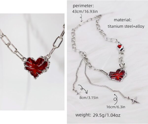 Y2K Ruby Heart Necklace Goth Punk Lock Bone Chain Necklace for Men Women,Christmas Valentine's Mother's Day or Birthday Jewelry for Mom Wife Girlfriend - Image 3