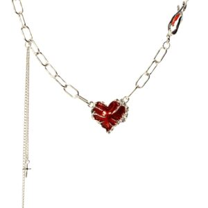 Y2K Ruby Heart Necklace Goth Punk Lock Bone Chain Necklace for Men Women,Christmas Valentine's Mother's Day or Birthday Jewelry for Mom Wife Girlfriend