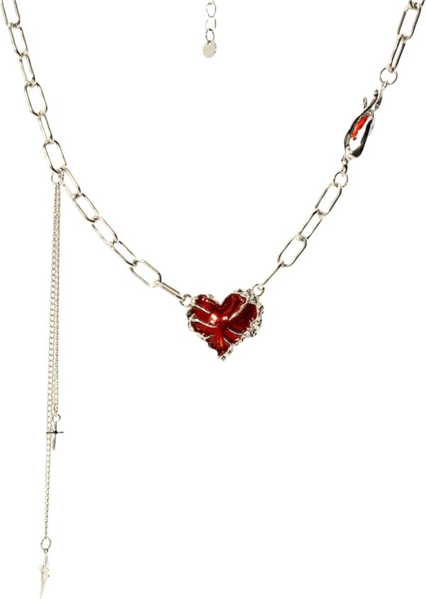 Y2K Ruby Heart Necklace Goth Punk Lock Bone Chain Necklace for Men Women,Christmas Valentine's Mother's Day or Birthday Jewelry for Mom Wife Girlfriend