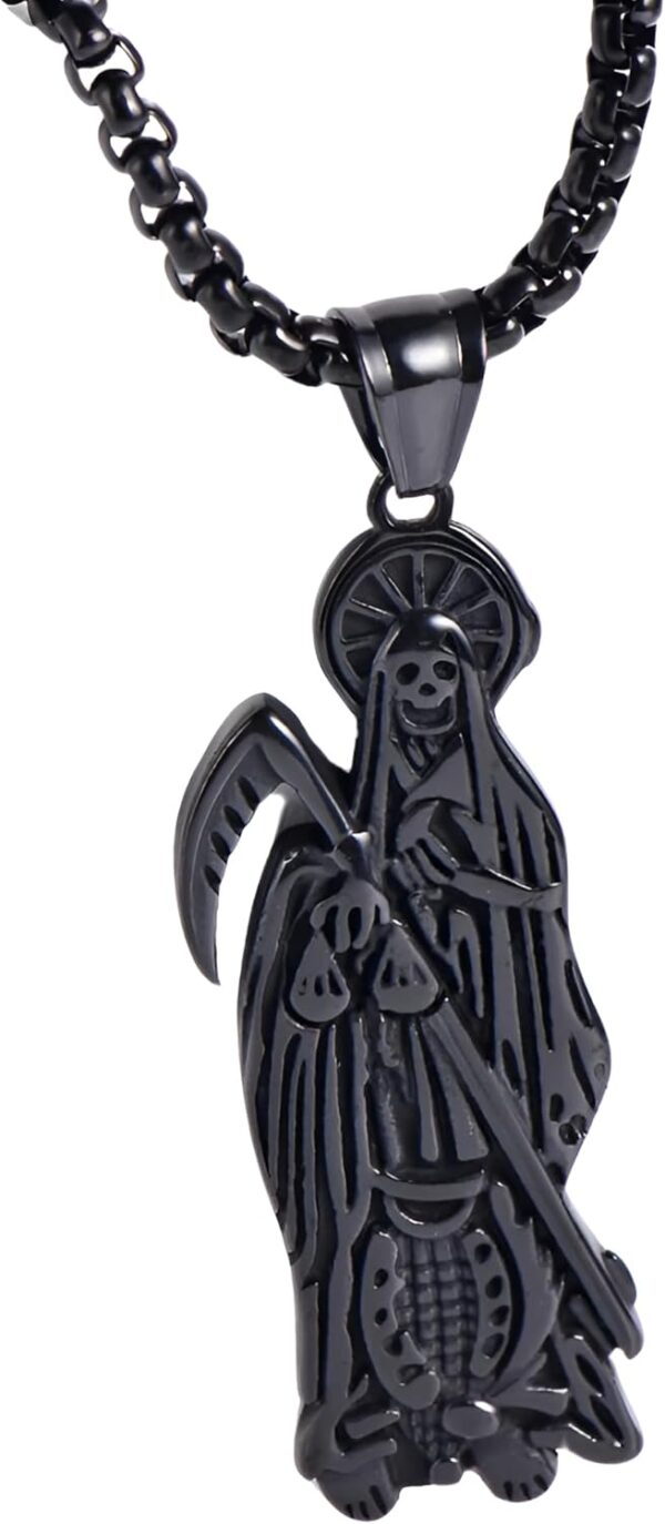 14K Gold Filled Santa Muerte Necklace For Women And Men - 925 Sterling Silver Hip Hop Holy Saint Death La Santa Muerte Pendant Chain Memento Mori Skull Biker Religious Jewelry Amulet Gifts