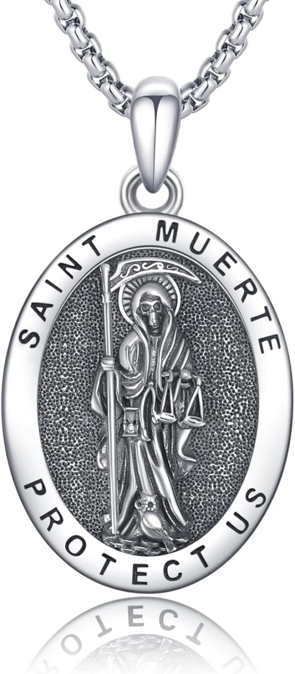 OHAYOO Santa Muerte Necklace for Men 925 Sterling Silver Holy Death Necklace Grim Reaper Necklace Santa Muerte Pendant Jewelry for Women
