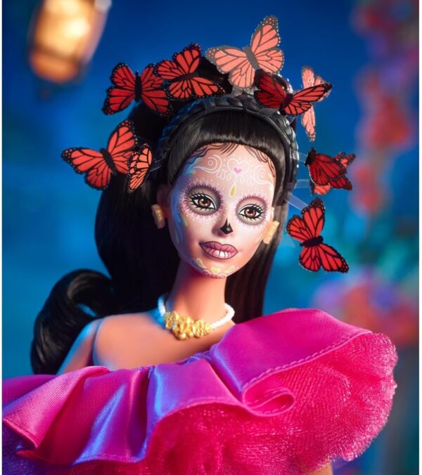 Barbie Signature Fashion Doll, 2023 Dia de Muertos Collectible Wearing Ruffled Pink Gown & Holding Tiny Ofrenda, Includes Doll Stand - Image 5