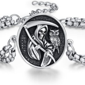 Santa Muerte Bracelet 925 Sterling Silver Grim Reaper Bracelet Owl Skull Santa Muerte Bracelet Oxidation Skull Holy Death Scythe Aumelt Charm Bracelet Mother's Day Santa Muerte Jewelry for Men Women