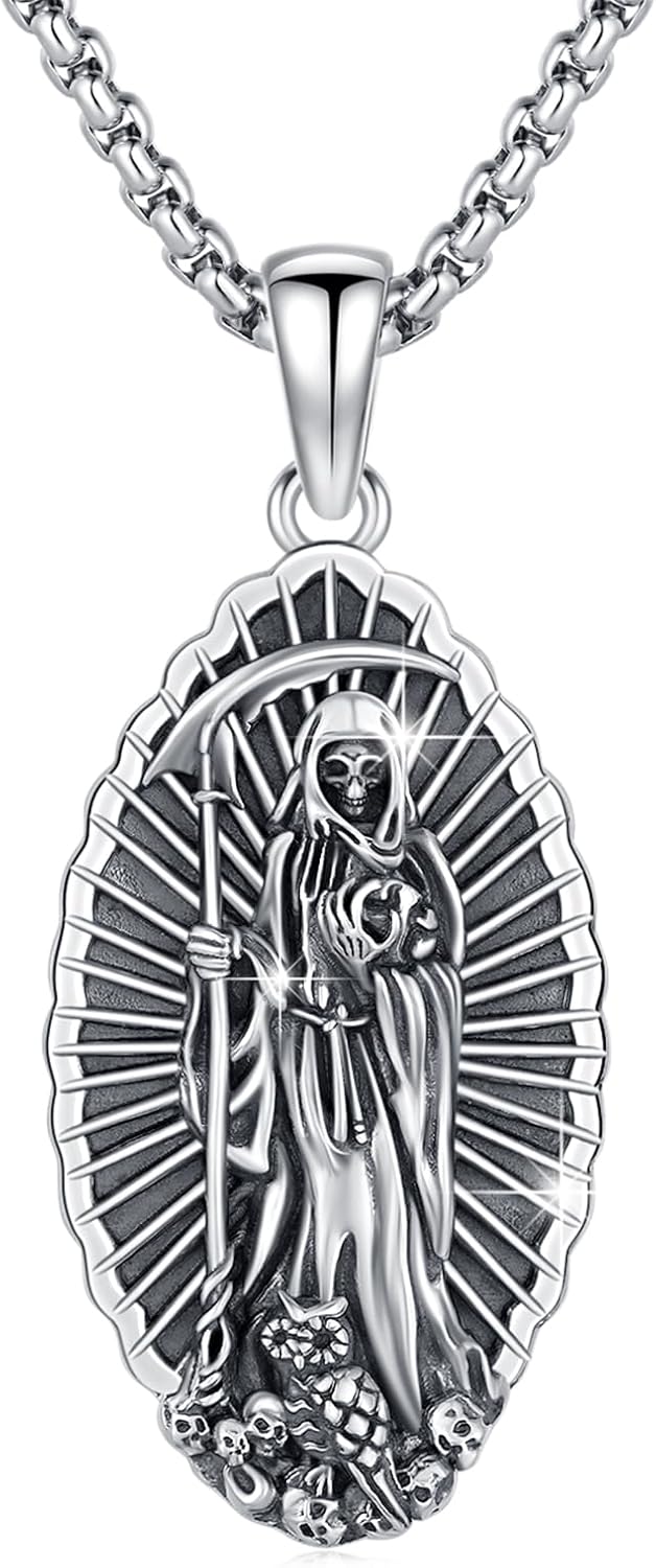 Santa Muerte Necklace 925 Sterling Silver Oxidation Grim Skull with Scythe Pendant Grim Reaper Necklace Skull Jewelry Gift for Men Halloween