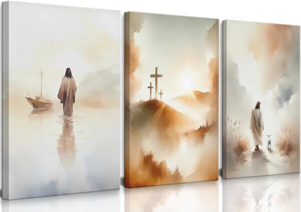 3 Pcs Framed Jesus Wall Art Jesus Walking on Water Canvas Wall Decor Jesus Leaves The 99 Sheep Pictures Prints Christian Posters for Living Room Bedroom Church Home Decorations Ready to Hang 12x16in