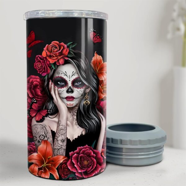 Sugar Skull Tumbler, Sugar Skull 4-in-1 Tumblers Stainless Steel Insulated Slim Can Cooler, Fits All 12oz Can Beer Bottle, Gifts for Women Christmas Birthday - Image 3