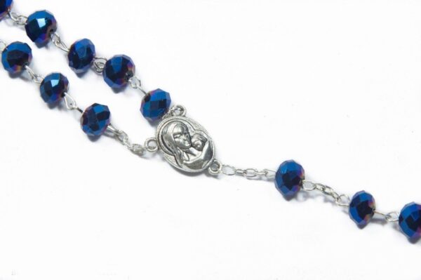 Nazareth Store Deep Blue Crystal Beads Rosary Catholic Necklace Holy Soil Medal Cross Crucifix Velvet Bag - Image 3
