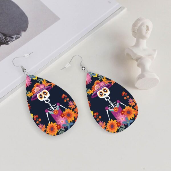 Dia De Los Muertos Mexican Day Skull Faux Leather Teardrop Earrings for Women Drop Dangle Earrings Gift - Image 5