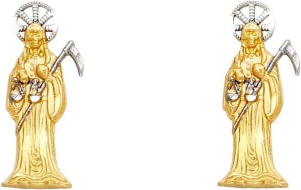 Santa Muerte Post Studs Solid 14k Yellow White Gold Earrings Grim Reaper Earrings Angel Death 20 mm