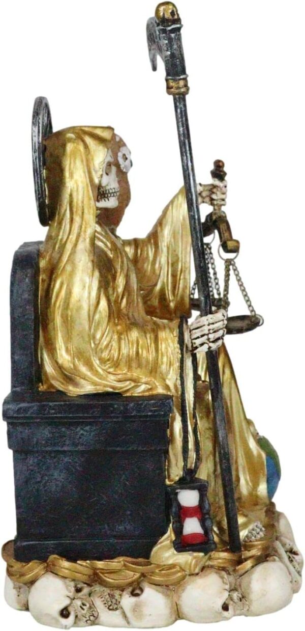 Ebros Gift Santa Muerte Holding Scythe Hourglass and Scales of Justice with Wise Owl Seated On Throne Figurine Holy Death Bone Mother Patron of Wealth Protection Purity Love Health (Gold) - Image 4