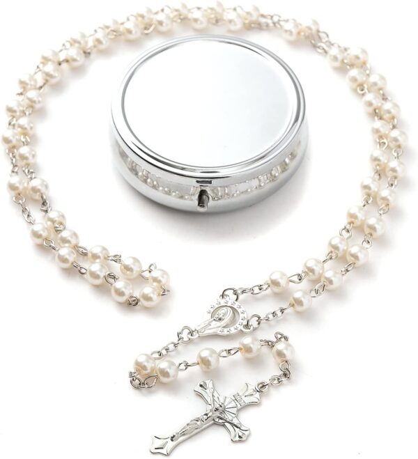 Rosary Beads Catholic - Confirmation Gifts for Teenage Girl, Silver Simple Style Metal Gift Box, White Artificial Pearls Rosary, Gifts for Women