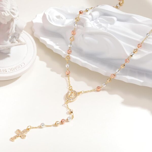 Women's Gold Virgin Mary Necklace - 14k Gold Plated Rosary Bead Cross Necklaces,Hypoallergenic Non Tarnish Gold Catholic Y Chain Necklace,Religious Rosary Beads Crucifix Necklaces Jewelry Gift for Her - Image 5