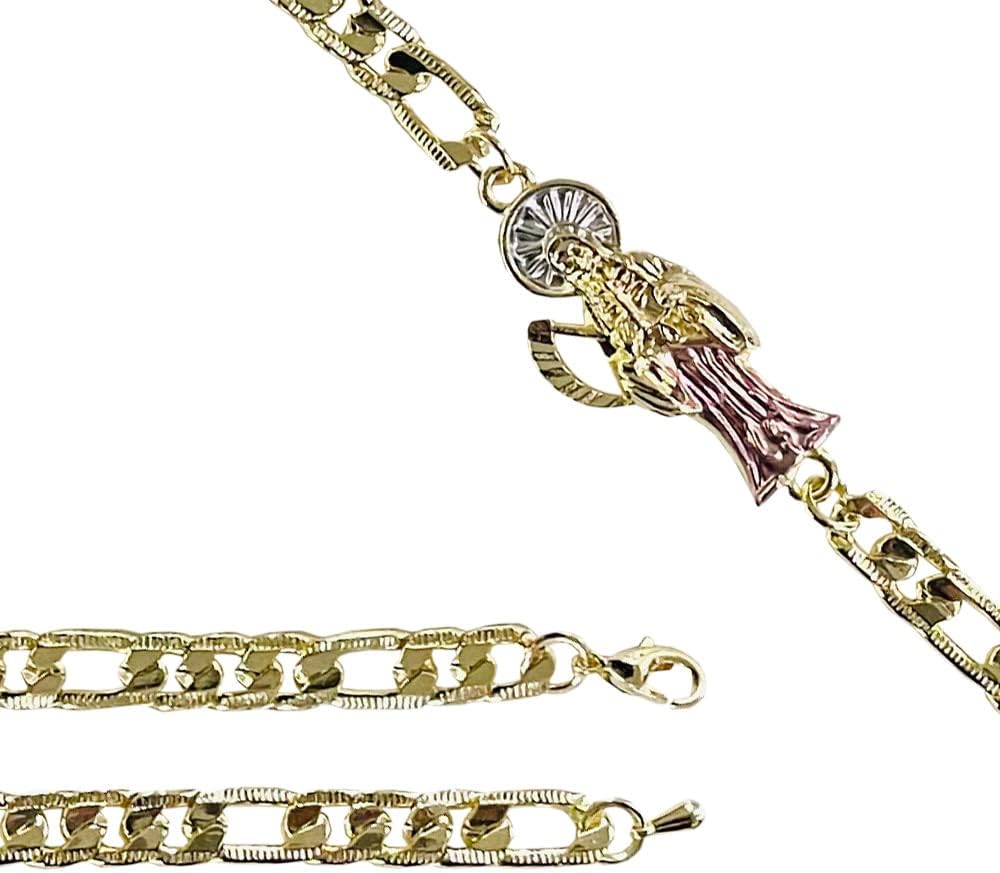 Gold Plate Santa Muerte Chain ID Bracelet For Women Men, La Santa Muerte Goth For Gifts, Mexican Skull Grim Reaper Jewelry - Image 3