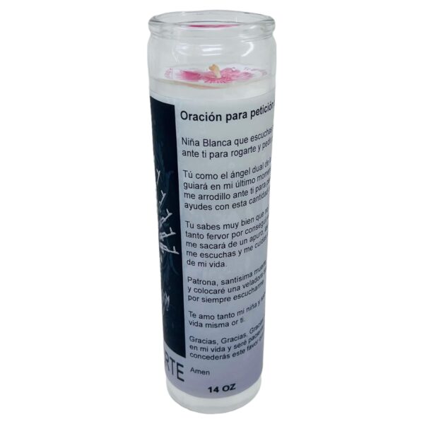 Santa Muerte Veladora Blanca sin fragancia 14 oz vaso grande una pieza prayer candle one piece 14 oz tall glass oración al reverso en español - Image 6