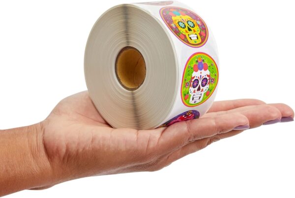 Juvale 1000 Pcs Dia de Los Muertos Skull Sticker Roll, 8 Vibrant Calavera Designs, 1.5 in, Dia de Muertos Stickers for Halloween Candy Bags, Party Favors, Decorations, Day of The Dead Decor - Image 8
