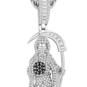 Silver Necklace for Men with Santa Muerte Pendant Grim Reaper Necklace with Black Gemstone Stainless Steel Rope Chain Necklaces Fashion Jewelry Gift