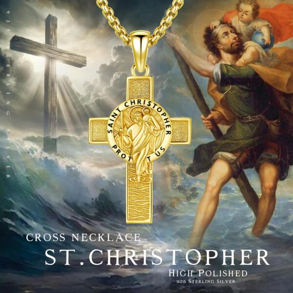 St Christopher Necklace 925 Sterling Silver Gold Saint Christopher Cross Pendant Necklaces St. Christopher Amulet Protection Cross Jewelry for Men - Image 6