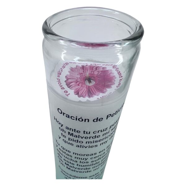 white Unscented prayer candle the generous vandit .Veladora de rezo Jesús Malverde oración de protección al reverso en español - Image 2