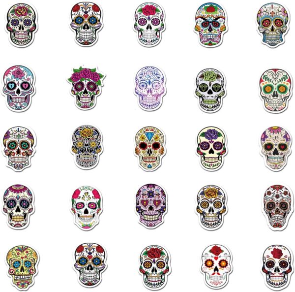 50pcs Halloween Sugar Skull Stickers, Dia de Los Muertos Mexican Day of Dead Stickers Decals, Candy Skull Stickers for Laptop Water Bottle Luggage Bike Computer - Image 3