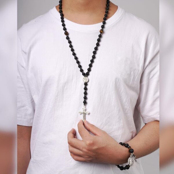 Rosary Beads Catholic, 8mm Lava Rocks Rosary Black Beads Necklace with 10mm Lava Rocks St Benedict Cross Bracelet, Rosarios Catolicos Triple Protection Necklace Bracelet Jewelry Sets Catholic Gifts - Image 3