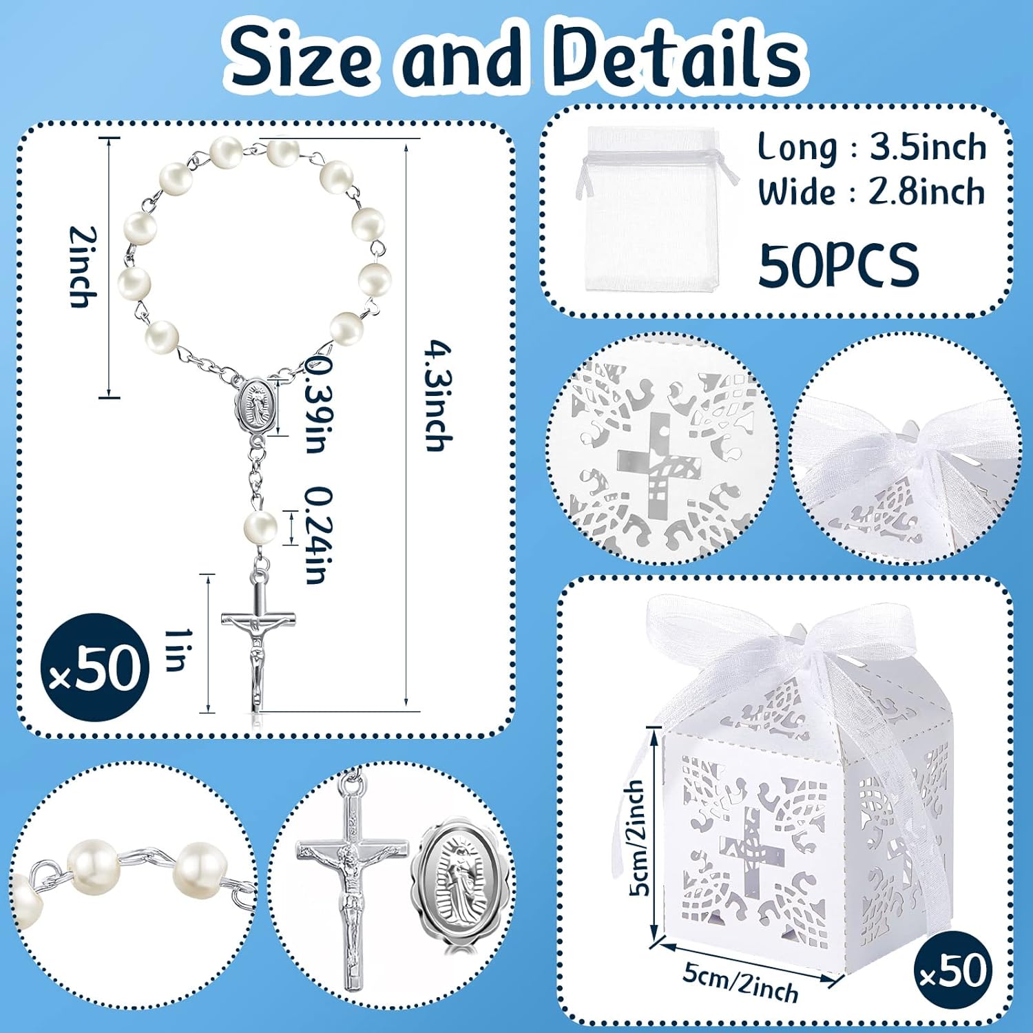 50 Packs Baptism Favors Set Acrylic Rosary Beads Faux Pearls with Organza Bags and Cross Baptism Favor Boxes Recuerdo De Boda Y Bautizo for Christening Weddings Party Favors(Silver Pearl Bracelet) - Image 2