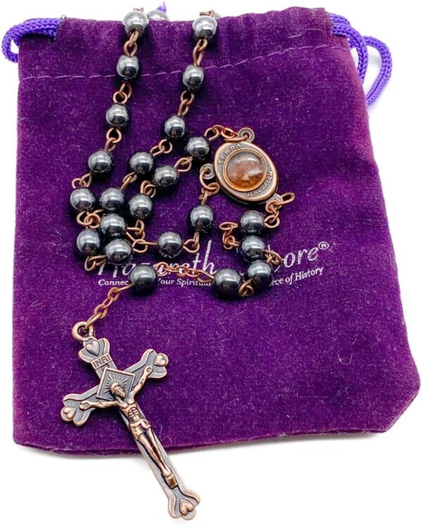 Nazareth Store unisex-adult Hematite Rosary Black Stone Beads Necklace with Jerusalem Holy Soil & Cross Antique Religious Rosaries Beads Collection - Image 4