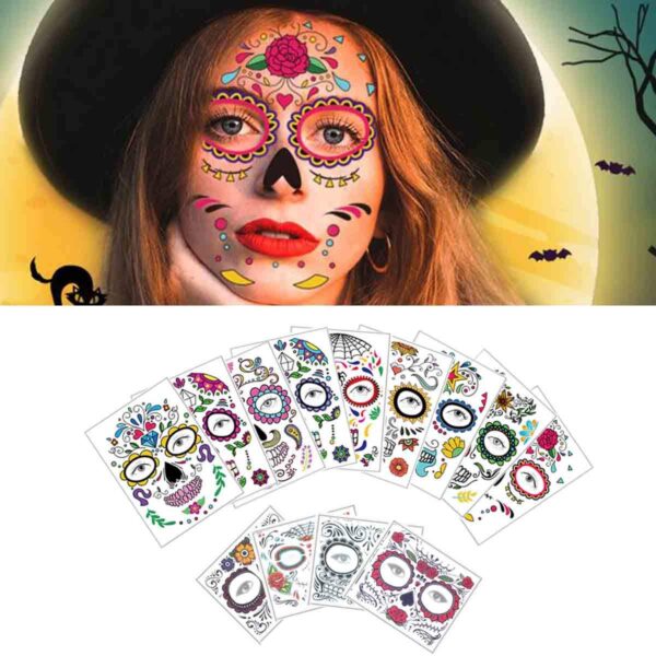 COKOHAPPY Halloween Temporary Face Tattoos Makeup Kit (13 Pack), Day of the Dead Sugar Skull Floral Black Skeleton Web Red Roses Full Face Mask Stickers Tattoo Families Party Supplies - Image 7