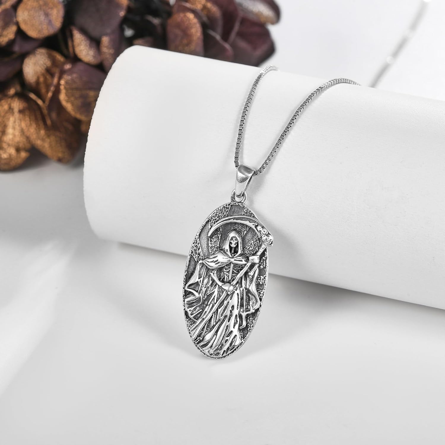 Santa Muerte Necklace 925 Sterling Silver Oxidation Grim Skull with Scythe Pendant Necklace Santa Muerte Jewelry for Men - Image 3