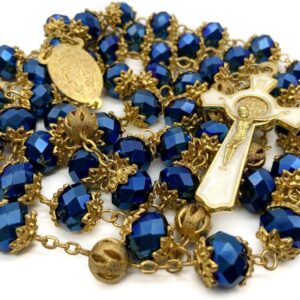 Nazareth Store St. Benedict Deep Blue Crystal Beads Rosary Prayer Necklace Golden Miraculous Medal & Gold Enamel Cross