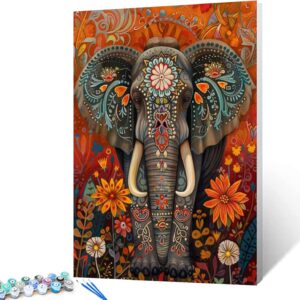 Mysterious Patterns on Elephant Paint by Number Day of the Dead Animal Flowers Painting DIY Painting on Canvas with Brushes Paints Paint by Numbers for Adults and Beginner 16x20 Inch（without Frame）