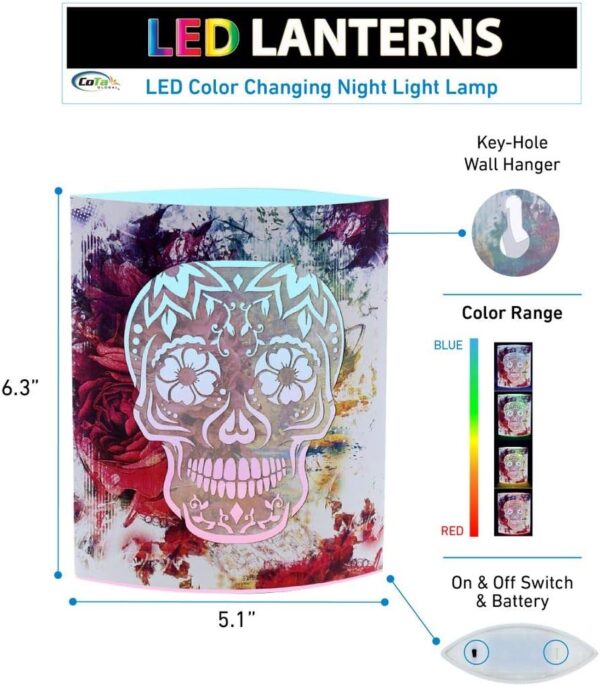 CoTa Global Color Changing LED Light Lantern Day of The Dead Sugar Skull Art Design Home Garden Décor 6.5 Inch Handcrafted Lamp Accent Bedroom Living Room - Image 2